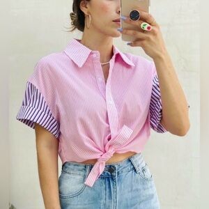 Pink Striped Women's Crop Top BRAND NEW NEVER WORN button down self tie front